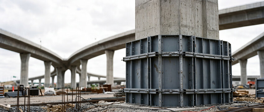 Urban highway overpass construction with concrete pillar formwork and elevated roadway interchange