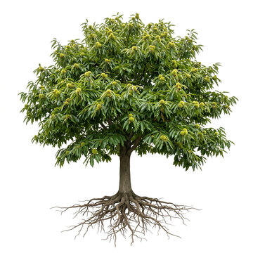 Sweet Chestnut tree, mature full tree with broad dense canopy, long serrated leaves and chestnuts inside spiny burrs, exposed visible roots, 11 ratio, isolated on seamless pure white background