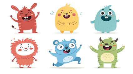 Naklejka premium A delightful collection of six vibrant and friendly cartoon monsters, each with unique features, expressive faces, and cheerful poses set against a clean white background.