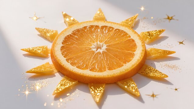 Orange Slice Sun with Glitter Stars on White Background