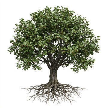 European Alder tree, mature full tree with dense rounded canopy, serrated leaves and distinctive small woody cones, exposed visible roots, 11 ratio, isolated on seamless pure white background