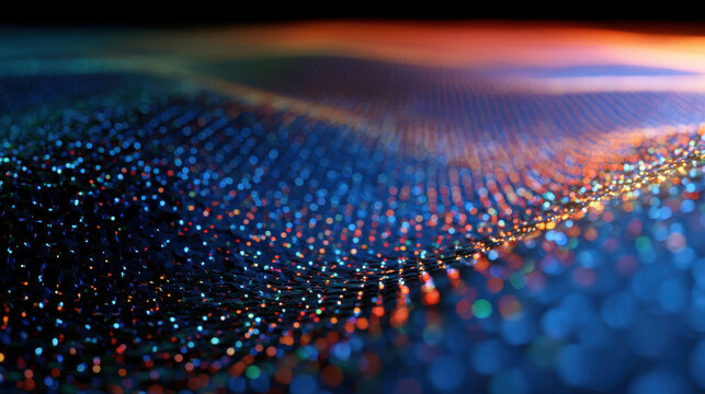 Close-up of futuristic nanotech surface with glowing quantum dots and energy particles in motion
