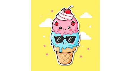 Cute Kawaii Ice Cream Cone with Sunglasses and Cherry on Top