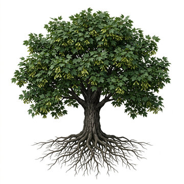 Black Maple tree, mature full tree with dense rounded canopy, dark green maple leaves and paired winged seeds, exposed visible roots, 11 ratio, isolated on seamless pure white background