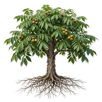 Shellbark Hickory tree, mature full tree with shaggy bark, compound leaves and clusters of large hickory nuts, exposed visible roots, 11 ratio, isolated on seamless pure white background