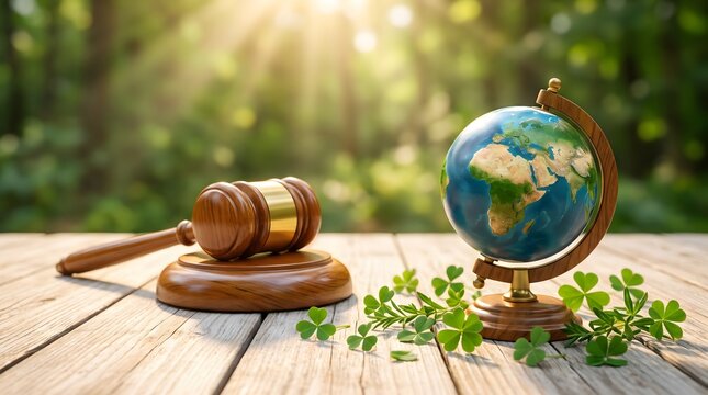 Judge Gavel and Globe on Wooden Table with Green Nature Background, International Law Concept