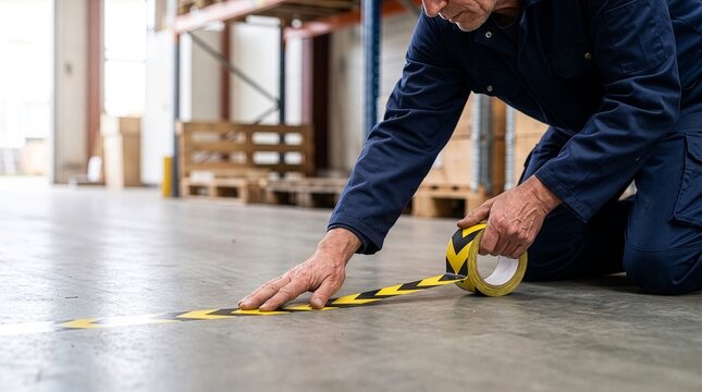 Warehouse worker applying yellow and black hazard warning tape on concrete floor for safety marking line