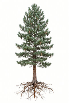 Mature Western White Pine tree, tall full evergreen canopy, exposed visible roots, 23 ratio, isolated on seamless pure white background