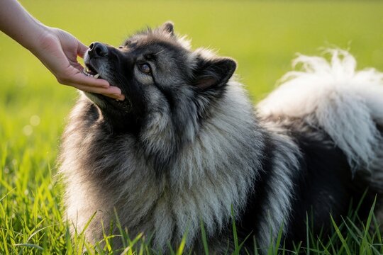 Keeshond dog takes treat from hand in green field. Pet sits on grass, enjoys outdoors, trusts owner during sunny day. Loyal companion loves food reward.