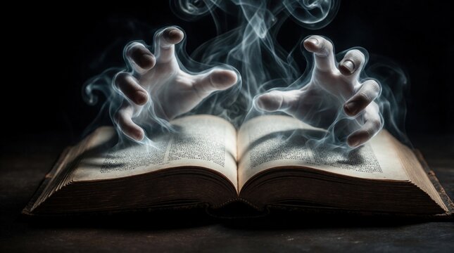 Ghostly hands emerge from open old book pages, smoke billows around. Mysterious spirit draws viewer into fantasy tale of magic and knowledge. Dark atmospheric scene.