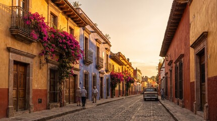 Fototapeta premium Historic Mexican colonial street with vibrant colorful facades and bougainvillea at sunset golden hour