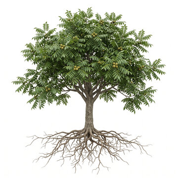 Water Hickory tree, mature full tree with dense canopy, compound leaves and clusters of hickory nuts, exposed visible roots, 11 ratio, isolated on seamless pure white background