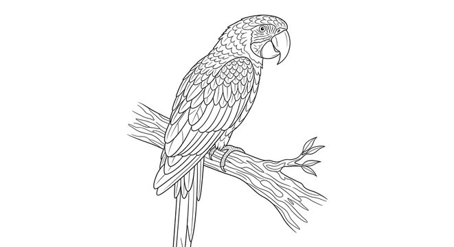 Detailed coloring page of a parrot perched on a branch