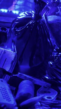 In a low light area, various objects lie scattered. Blue light reflects off a bag, enhancing the scene. Items include tubes, containers, and pieces of equipment.