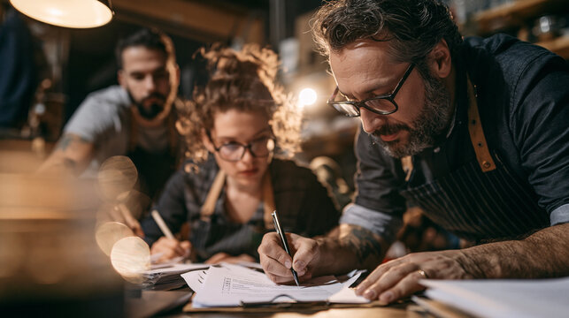 During a focused review in a small business office, a small business owner reviews supporting paperwork within a small group, with the loan document set centered on the work