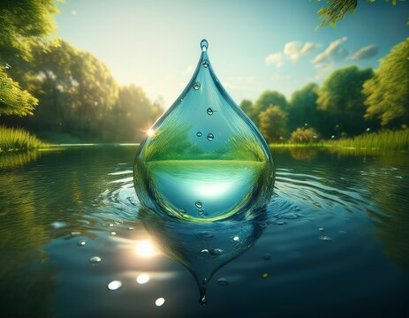 a water droplet shaped lake in the middle of untouched nature an ecological metaphor for nature s ability to hold and purify water 3d rendering