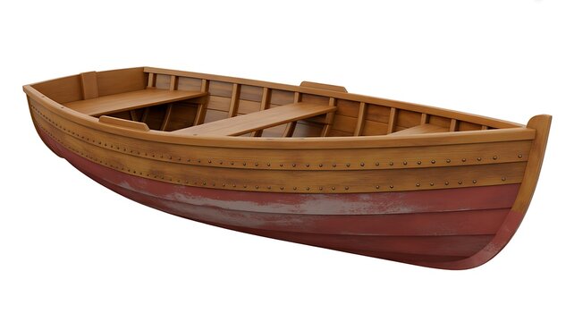 Wooden rowboat with riveted planks and red hull, isolated on transparent background 