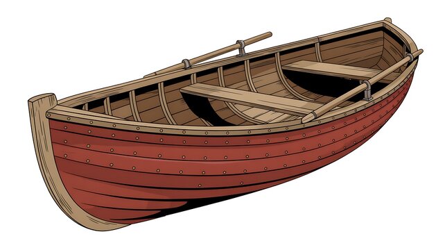 Wooden rowboat with riveted planks and red hull, isolated on transparent background 