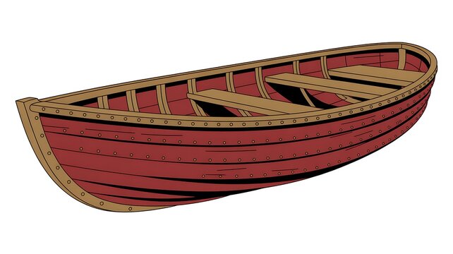Wooden rowboat with riveted planks and red hull, isolated on transparent background 