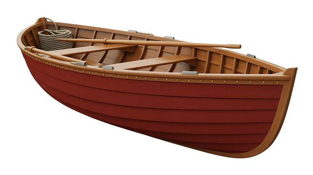Wooden rowboat with riveted planks and red hull, isolated on transparent background 