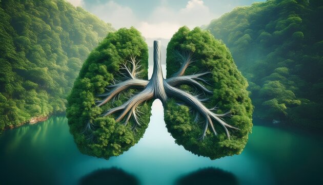 a conceptual image showing a lung shaped lake in a lush and pristine jungle 3d rendering