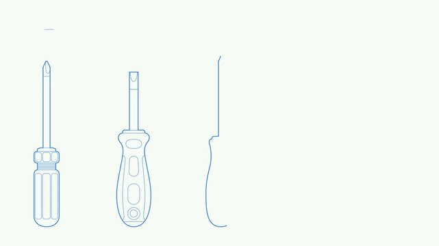 Animated collection of screwdriver silhouettes appearing and disappearing in a seamless loop. Minimal motion graphic featuring different screwdriver types for repair, construction, workshop and techni