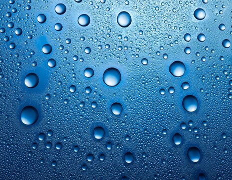 drops of water on a blue glass texture background