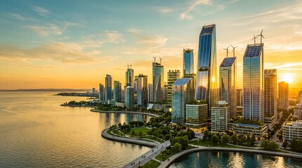 Naklejka premium Modern Waterfront Eco City Skyline with Sustainable Architecture, Green High-Rise Glass Towers, Clean Renewable Energy Solutions, and Low-Carbon Infrastructure at Dramatic Twilight Sunset - Generative