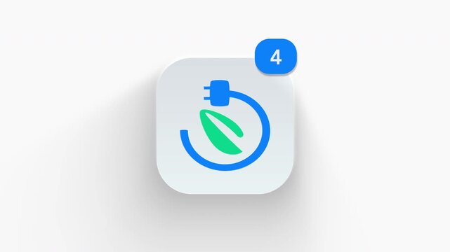 Eco power plug app icon featuring animated notification badge with counter 1 to 99, dynamic shadow effect, minimalist green leaf clean energy plug concept, on white background. 