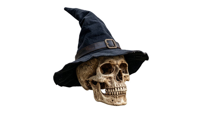 Spooky Halloween Skull Wearing a Classic Black Witch Hat, Detailed Bone Texture, Isolated on Transparent Background,