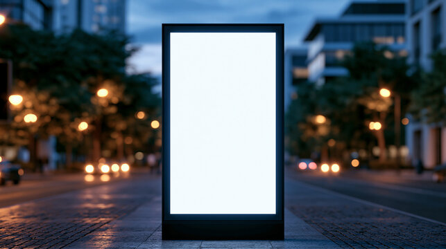 A blank vertical city billboard glows on a sidewalk at night with bokeh street lights. Perfect for outdoor advertising mockups and commercial campaigns.