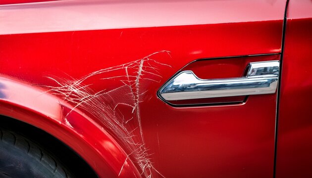 close up of a red car with multiple visible scratches and paint damage the scratches expose the underlying metal creating a contrast against the glossy surface perfect for automotive damage concepts