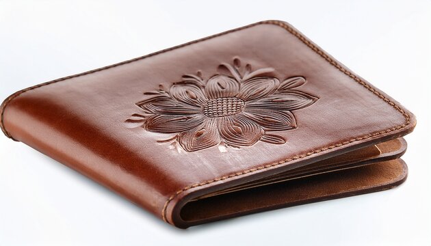 vintage leather passport cover with embossed flower on an isolat