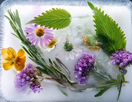 abstract background of frozen medicinal herbs in ice concept of cryotherapy for skin care