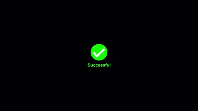 Check mark sign animation with successful text on transparent background, green yes button animated video with alpha channel, 4k successful mark video