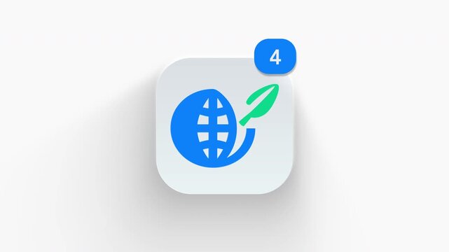 Globe with grid and leaf app icon featuring animated notification badge with counter 1 to 99, dynamic shadow effect, minimalist bio network eco planet concept, on white background. 
