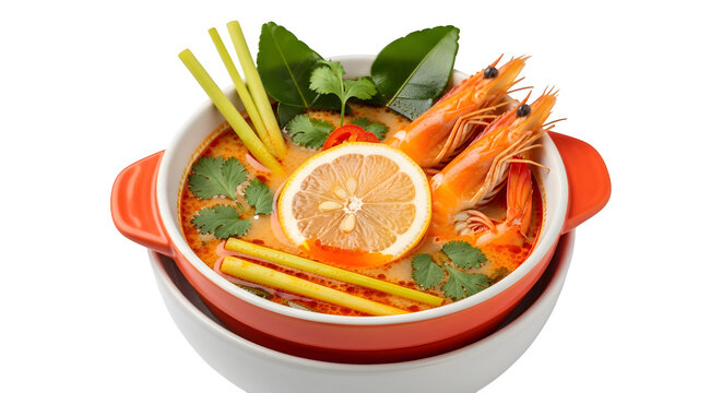 Tom yum goong soup with shrimp and lemongrass isolated on transparent background