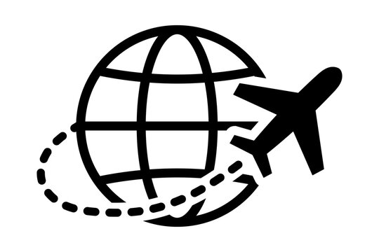 Black Globe and Airplane Icon for Global Flight isolated on transparent background travel aviation international route trip