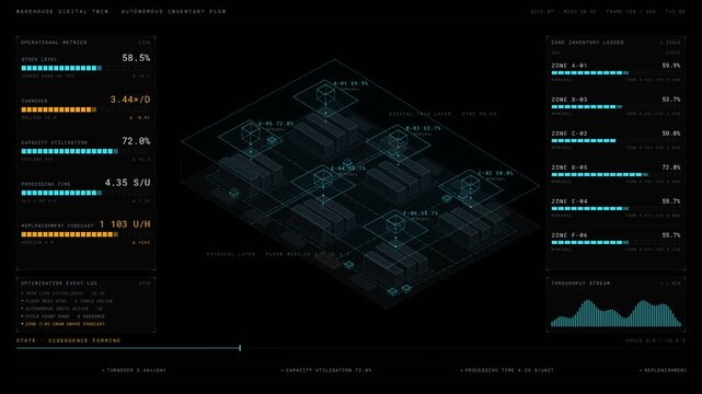 A sophisticated dark visualization of a fictional warehouse as a 3D digital twin, showcasing real-time inventory analytics with dynamic data updates and optimization systems.