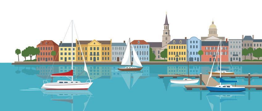 Colorful Waterfront Cityscape with Sailboats and Reflection