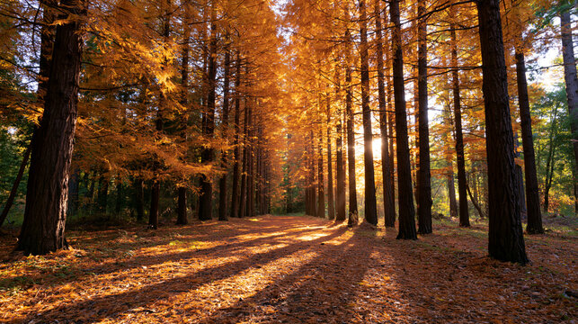 A serene forest path lined with tall golden cedar trees is illuminated by soft sunset light. This beautiful landscape captures a peaceful autumn nature mood.