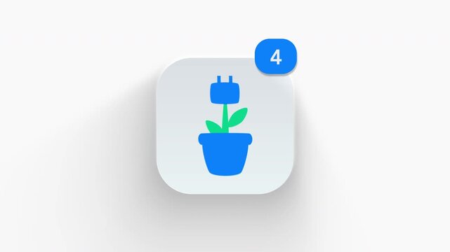 Plant pot with power plug app icon featuring animated notification badge with counter 1 to 99, dynamic shadow effect, minimalist smart plant bio power eco tech concept, on white background. 