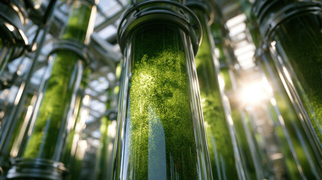 Sunlight illuminates vertical transparent tubes growing vibrant green algae in futuristic biofarm
