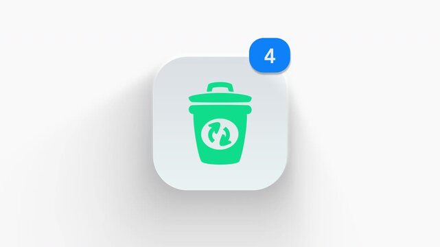 Recycling bin app icon featuring animated notification badge with counter 1 to 99, dynamic shadow effect, minimalist green waste management eco trash concept, on white background. 