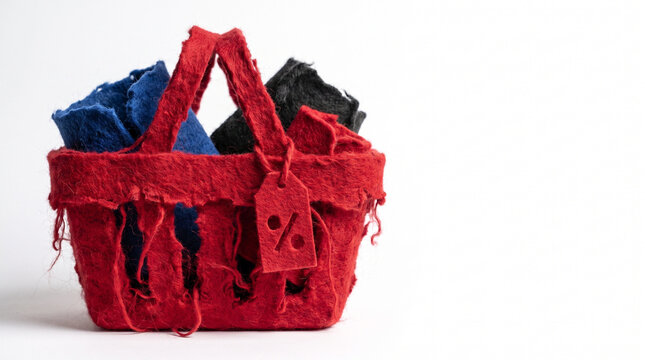 Red shopping basket filled with blue and black fabric items  