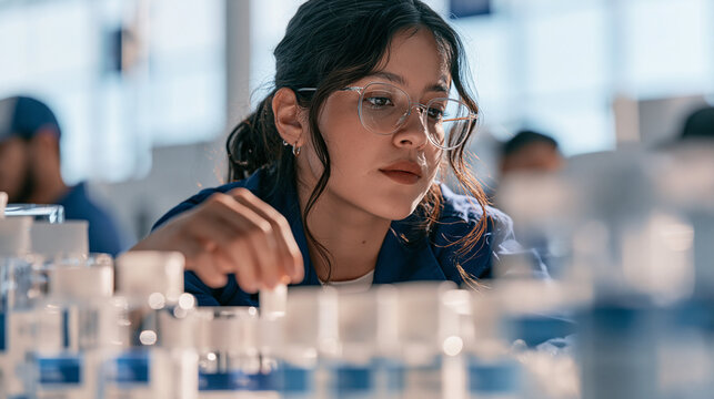 Close physical detail of a product assortment leads the frame as a merchandising specialist sorts its objects and arranges the compared products into a clear sequence. The