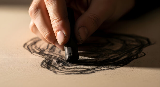 Artists hand drawing with black charcoal stick on textured paper