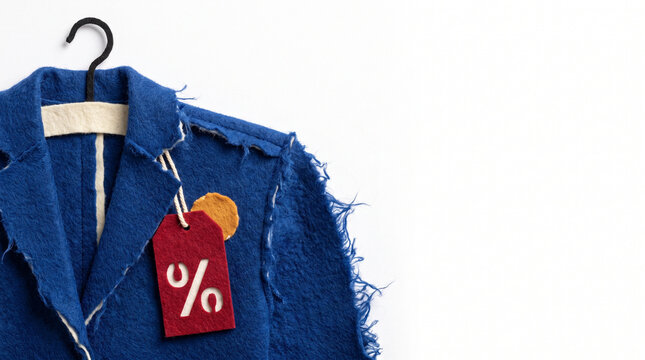Discount tag on blue jacket hanging on a clothing rack  