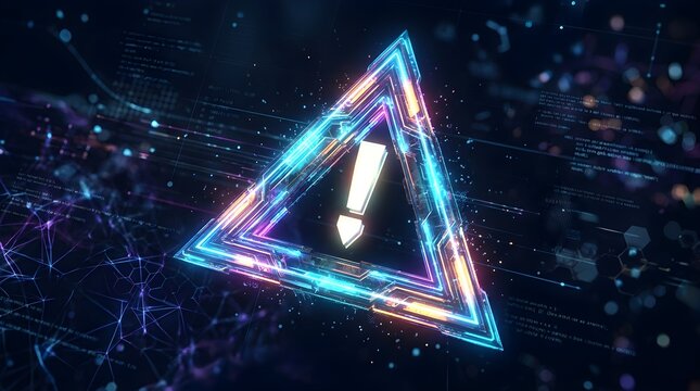 Bright neon triangle with an exclamation mark on a dark digital background