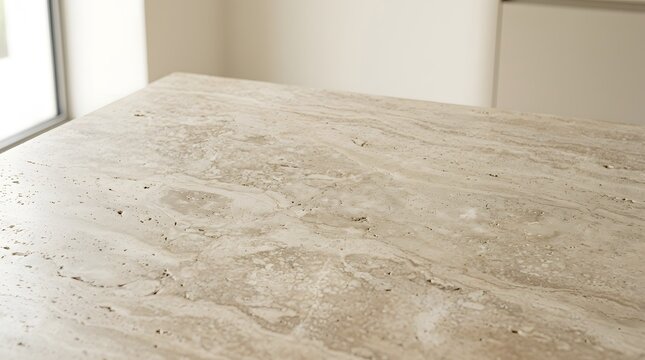 Close-up of Beige Travertine Marble Countertop Surface with Natural Stone Texture and Elegant Veining Pattern